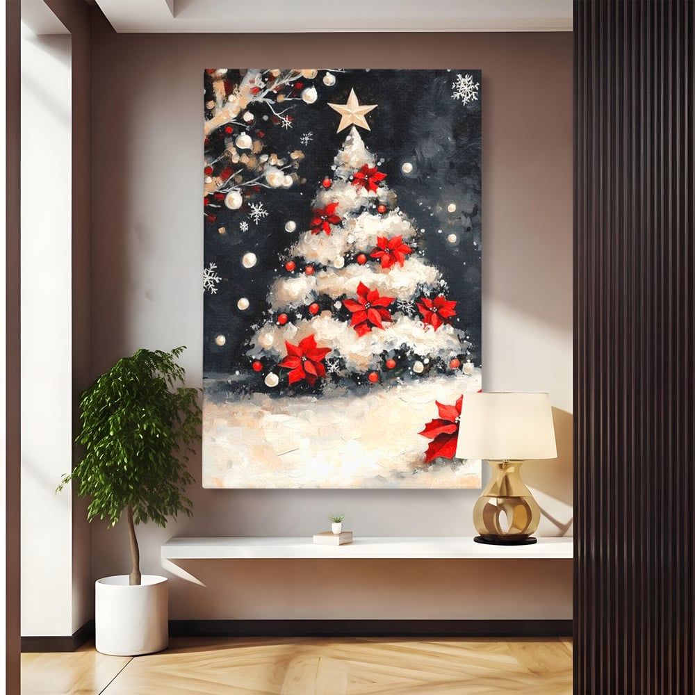 Tablou canvas cu tablou canvas cu brad de craciun pictat, fara rama, pe sasiu de lemn